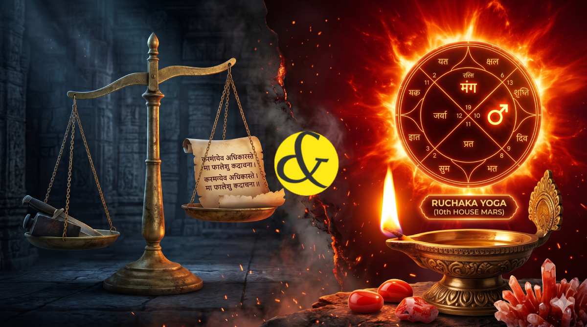 | Vedic illustration showing the balance of Karma, the fiery |