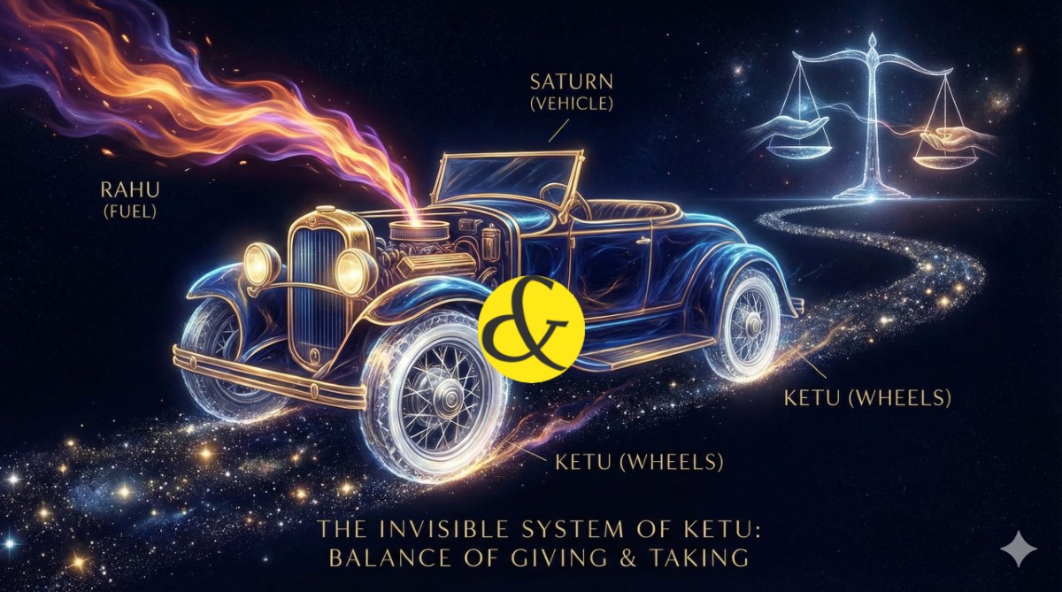 A conceptual illustration showing a vintage car where the body is labeled "Saturn," the fuel is "Rahu," and the wheels are "Ketu," demonstrating how the three work together for movement.