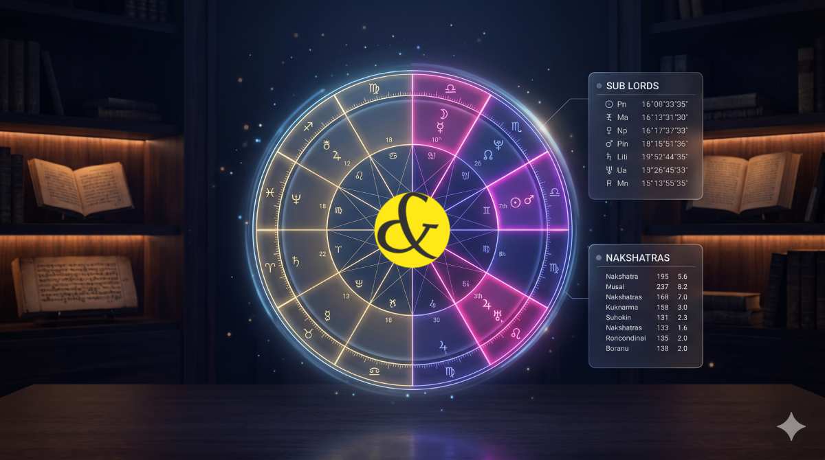 | Advanced KP astrology chart showing sub lords, chalit      |