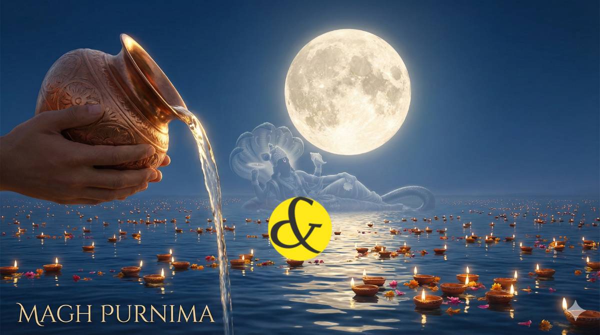 Devotees offering Arghya to the Full Moon on Magh Purnima.