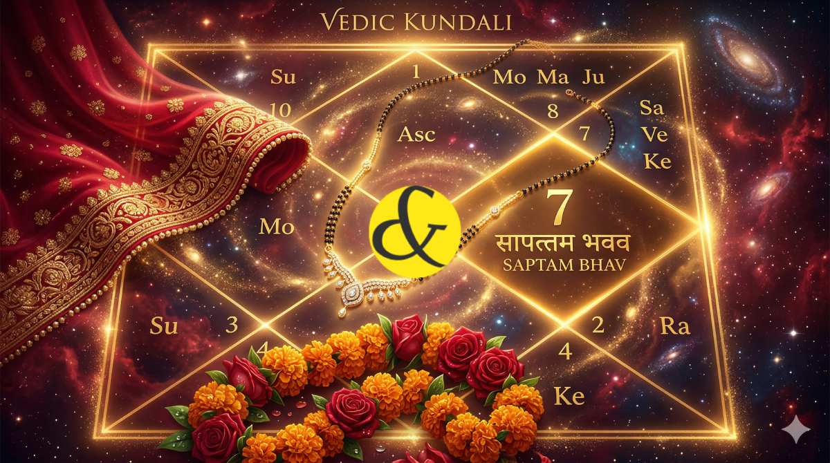 Glowing Vedic Kundali highlighting the 7th house of marriage, adorned with traditional bridal garlands and a red chunari.