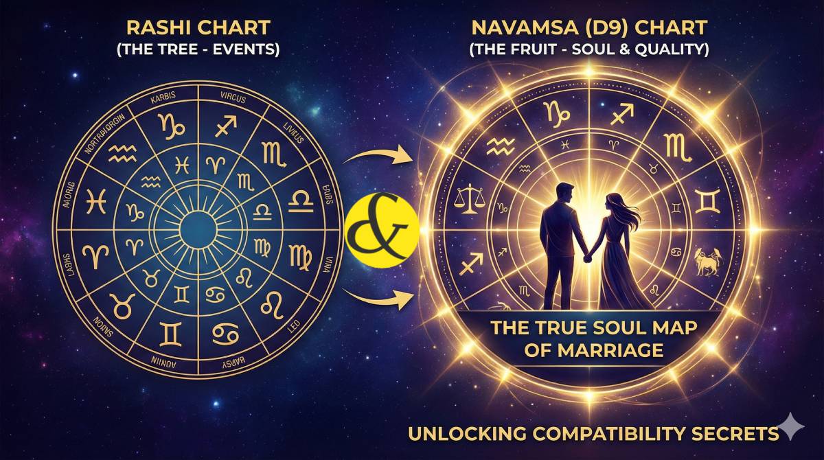 A comparative astrological diagram showing a Rashi Chart (D1) as the "Tree" and Navamsa Chart (D9) as the "Fruit," symbolizing the depth of marriage analysis.
