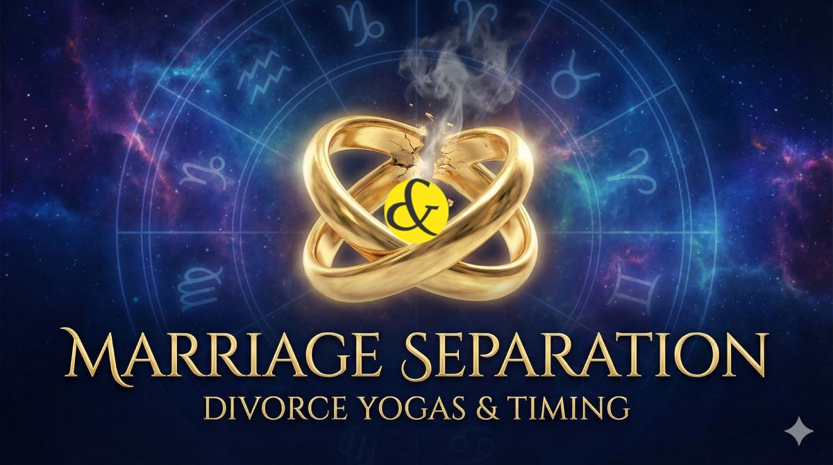 A split cosmic illustration showing a broken wedding knot or ring floating in deep space, symbolizing the karmic astrological concept of marriage separation and divorce yogas.