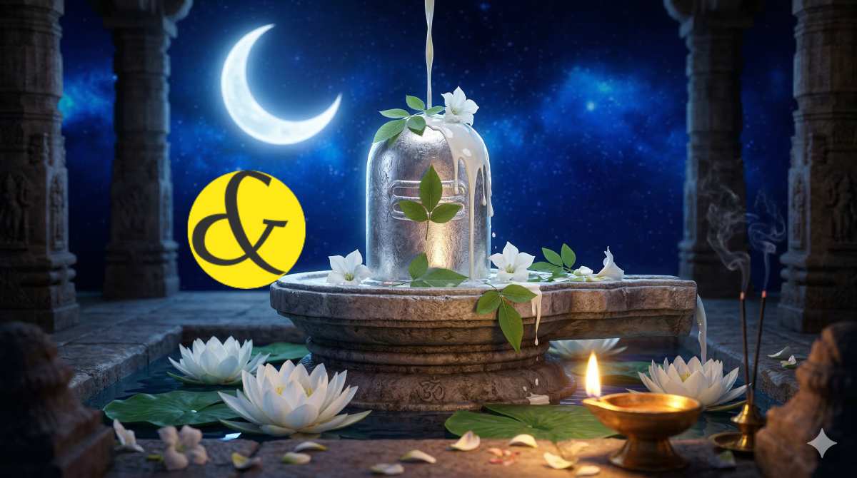 Glowing silver Shivling with Bilva leaves and milk offerings during the midnight Nishita Kaal of Masik Shivratri 2026.