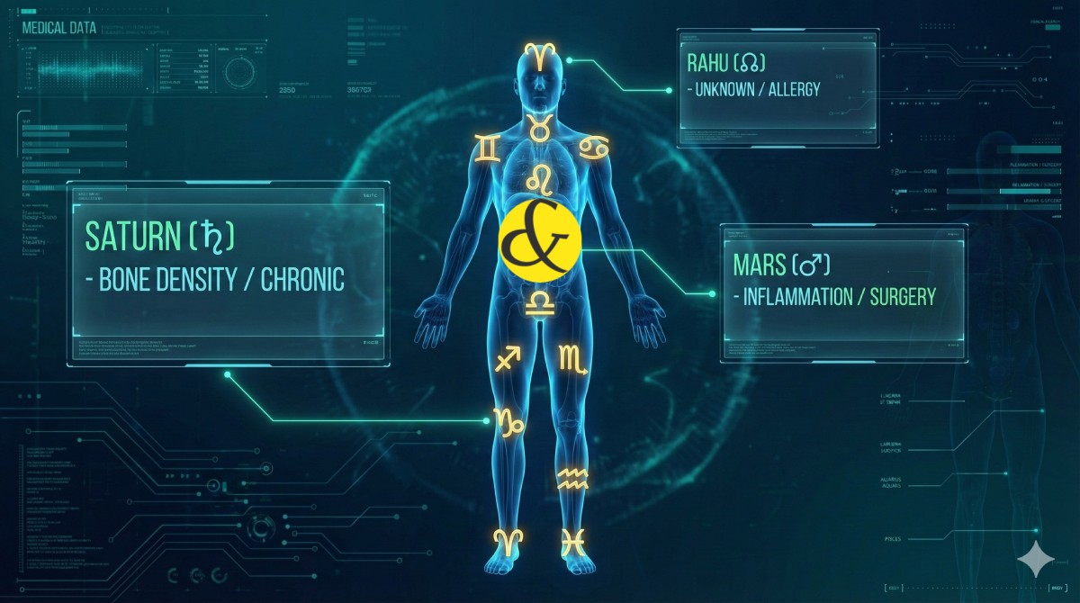 A futuristic digital illustration showing a human body silhouette with glowing zodiac signs mapped to specific body parts (Aries on head, Pisces on feet), surrounded by planetary icons like Saturn and Mars indicating health risks.