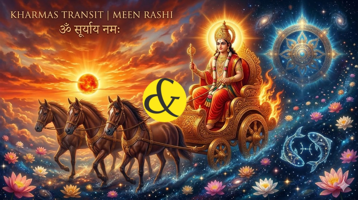 Lord Surya transitioning into the Pisces zodiac sign in his chariot, symbolizing Meen Sankranti and the beginning of the sacred Kharmas month in Vedic astrology.