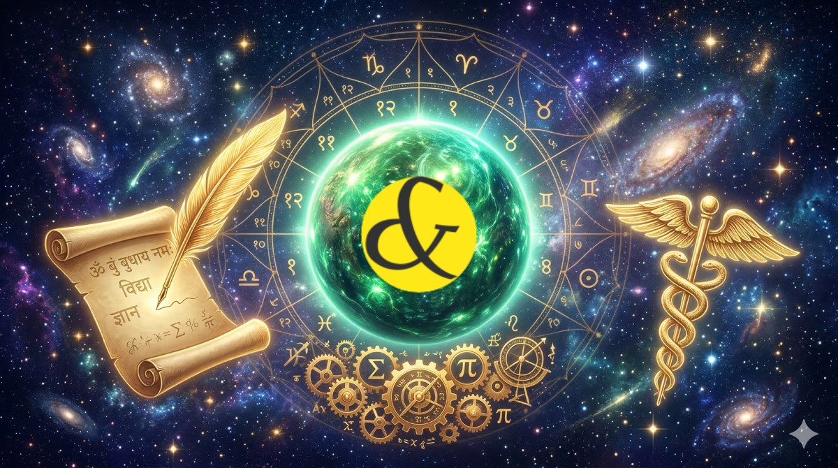 Glowing emerald-green planet Mercury surrounded by symbols of intellect, writing, and a Vedic Kundali representing its astrological effects.