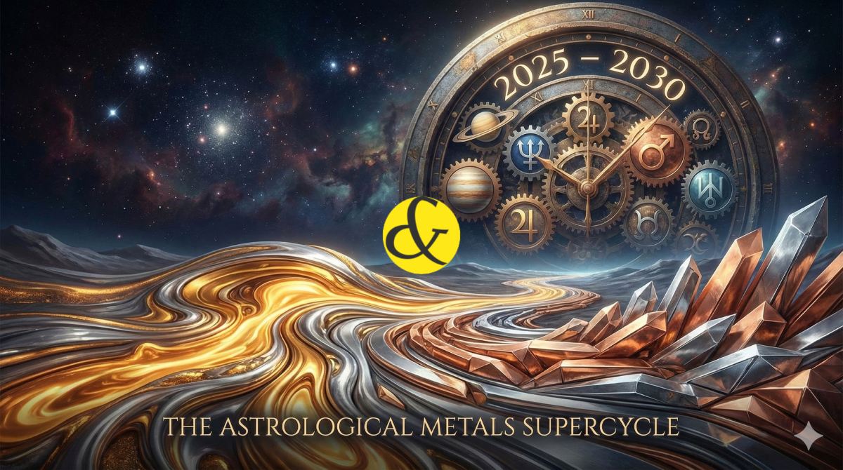 An astrological financial chart showing a rising graph line made of Gold and Silver, set against a background of Saturn and Neptune aligning, symbolizing the 2025-2030 metals boom.
