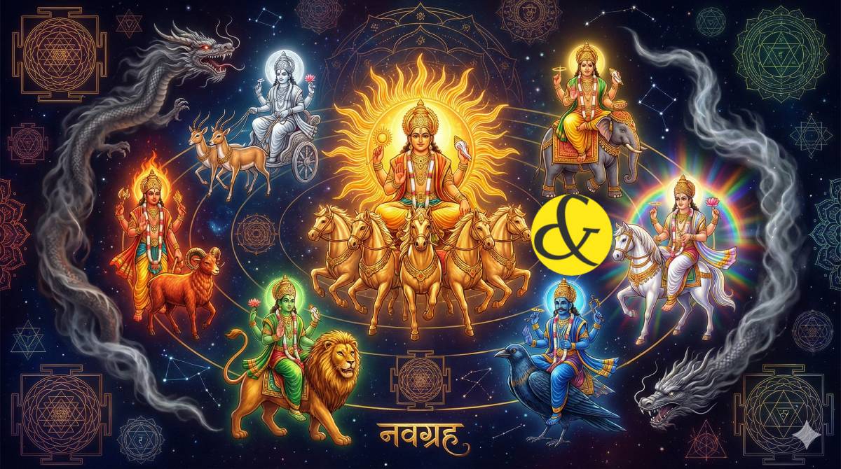 The Navagraha Mandala showing the 9 planetary deities of Vedic Astrology.