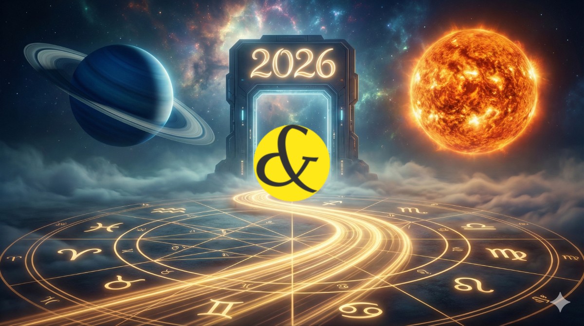 A conceptual astrological image showing a glowing path (representing the New Year) paved with zodiac signs. A golden key (representing Kundli) unlocks a door labeled "2026", with Saturn and Sun energies balancing on either side.
