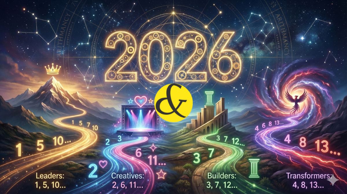 A cosmic numerology concept art for 2026 showing four distinct glowing paths leading to a golden year "2026", representing Leadership, Creativity, Building, and Transformation.