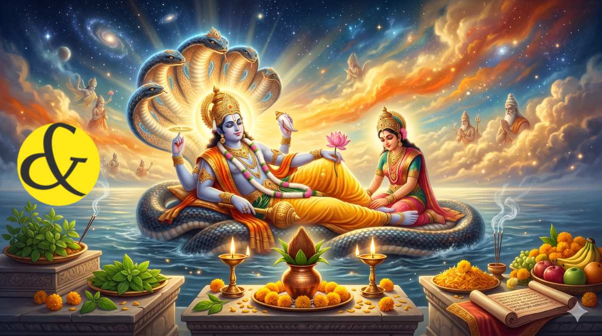 | A glowing depiction of Lord Vishnu on a lotus flower       |
