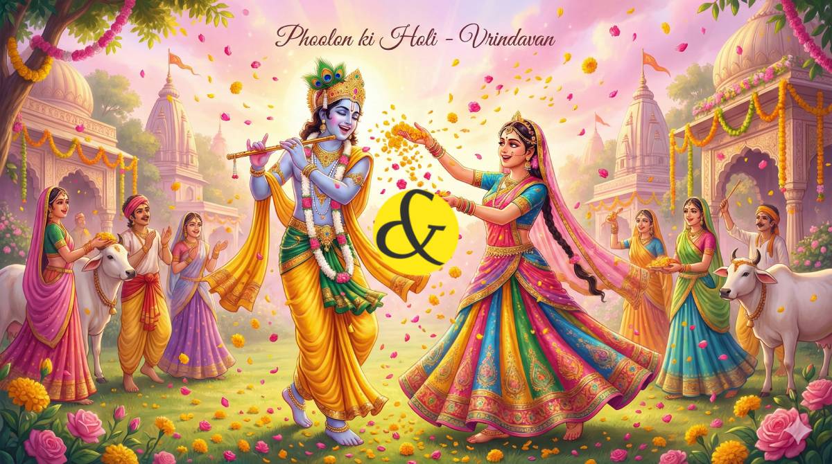 Radha and Krishna playing Holi with flowers on Phulera Dooj.