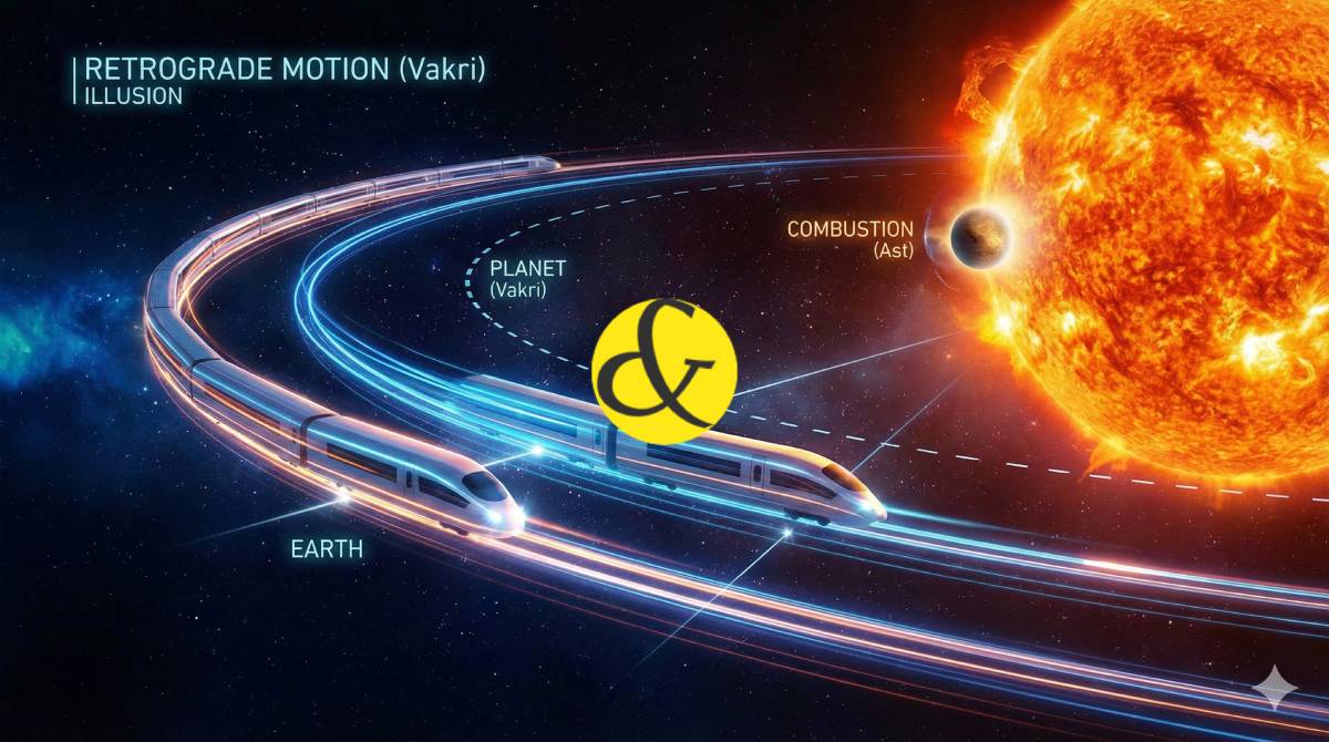 Diagram showing Retrograde motion and Combust planets near the Sun.