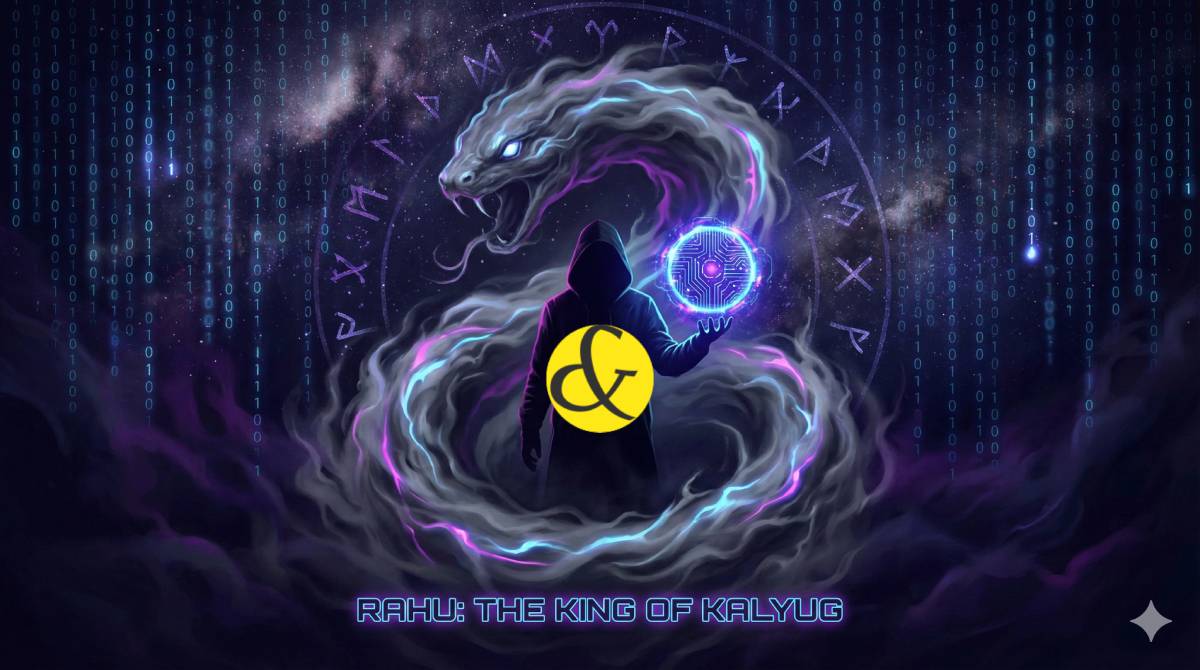 Artistic representation of Rahu as the master of smoke and digital illusion.