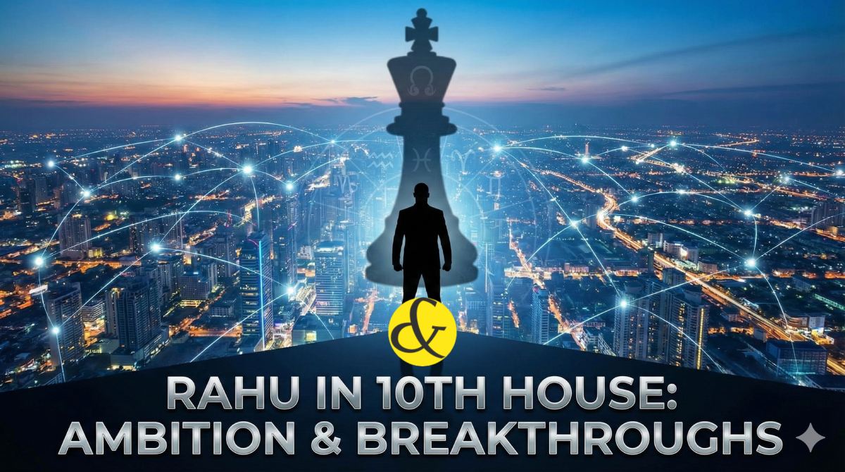 An astrological illustration representing Rahu in the 10th house as a glowing chess 'King' piece casting a large shadow on a global map, symbolizing ambition and power.