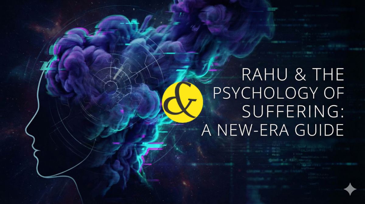 A conceptual illustration of a human silhouette with a smoky, digital cloud replacing the brain, symbolizing Rahu's influence on the mind and modern illusion.