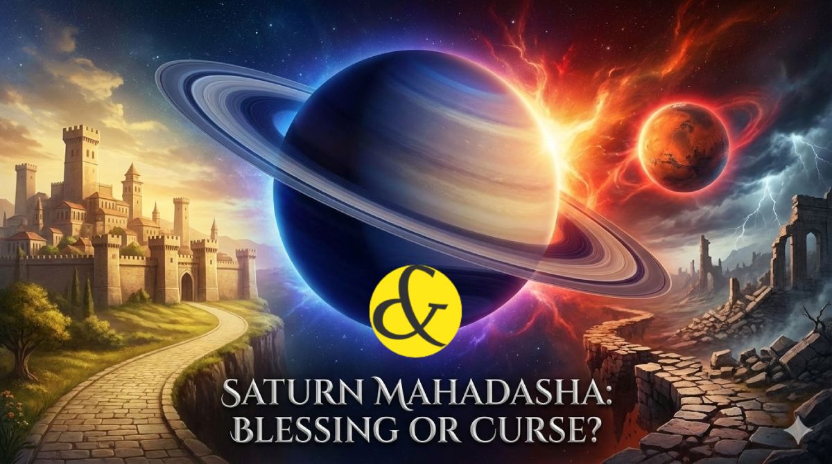 An astrological diagram showing Saturn casting a shadow over Mars-ruled constellations, symbolizing the friction during Mahadasha.