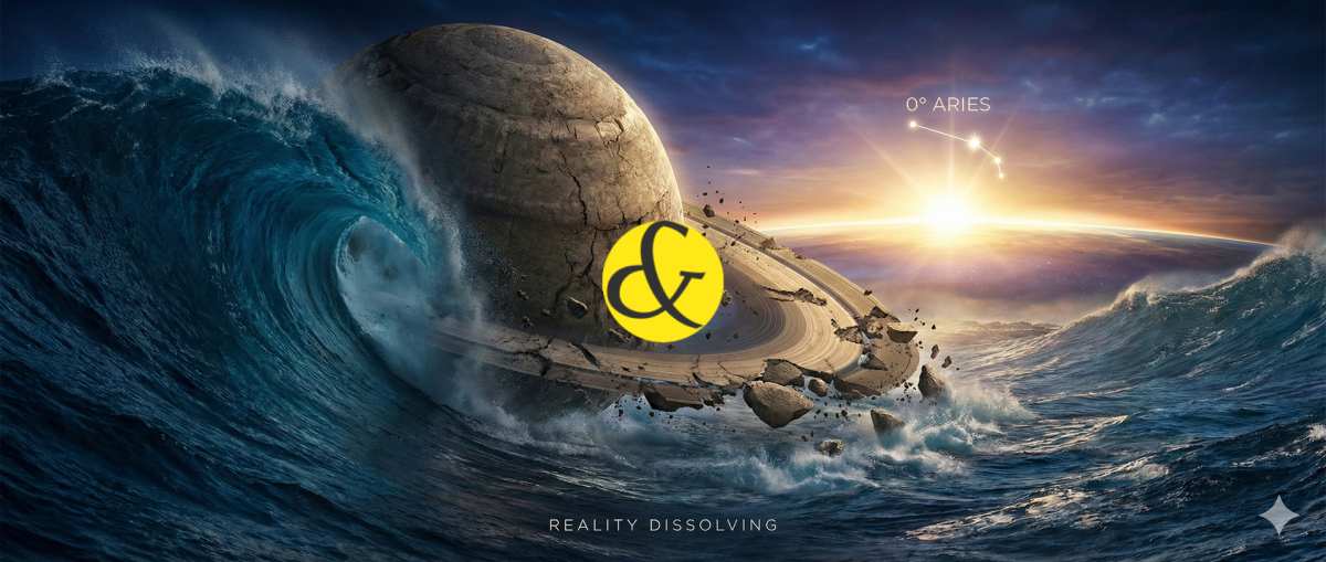 Saturn and Neptune planets colliding at 0 degrees Aries, symbolizing the 2026 Global Reset.