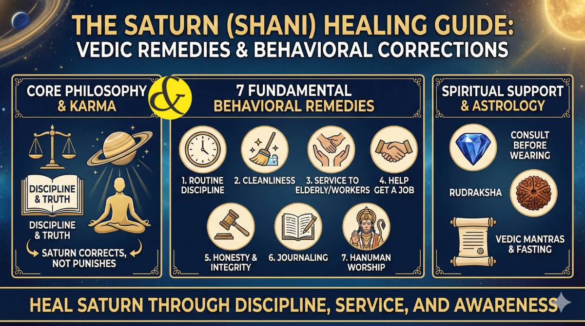 An infographic showing the "7 Pillars of Saturn Healing" including icons for Discipline, Service to Elderly, Cleanliness, and Hanuman Worship, set against a dark blue cosmic background.
