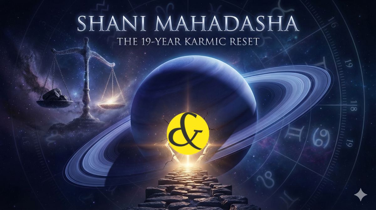 An astrological illustration of Planet Saturn (Shani) with its rings, symbolizing the 19-year cycle of time and karma, contrasting a heavy rock (burden) turning into a diamond (success).