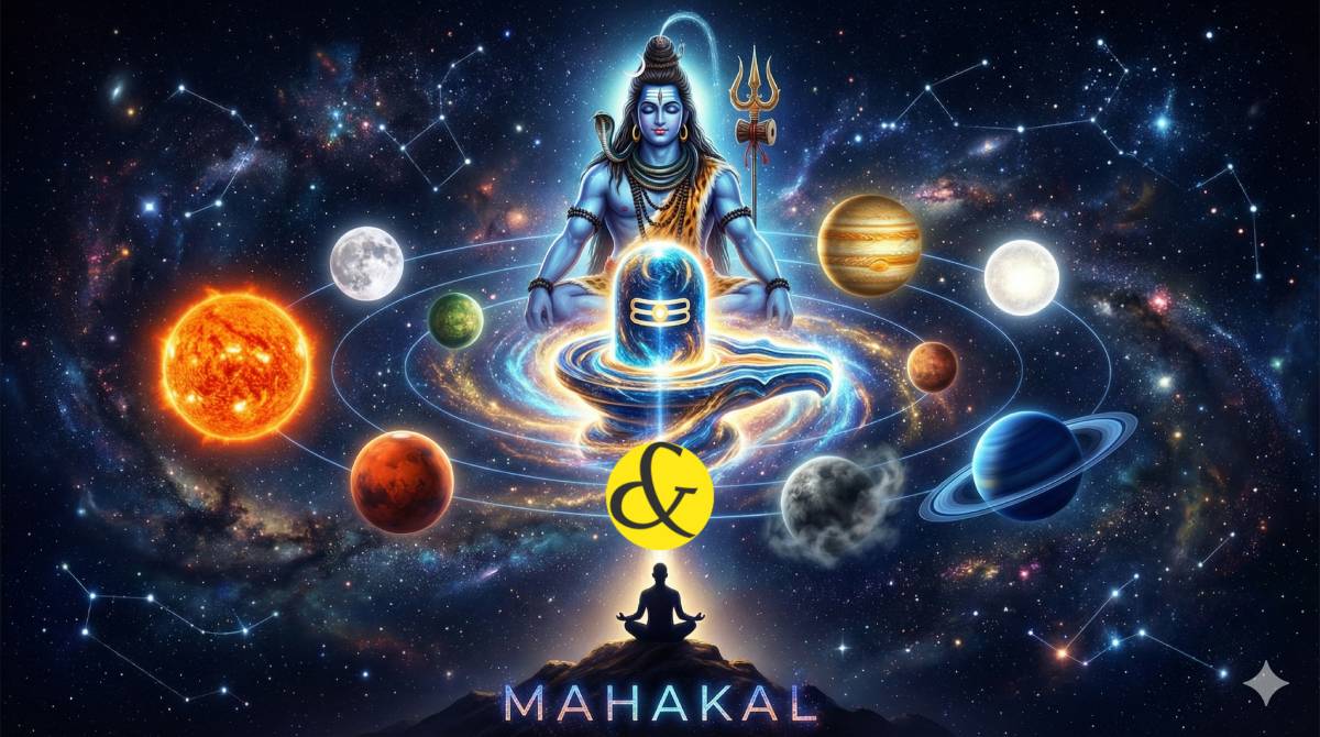 Navagraha orbiting around Lord Shiva representing control over planetary effects.