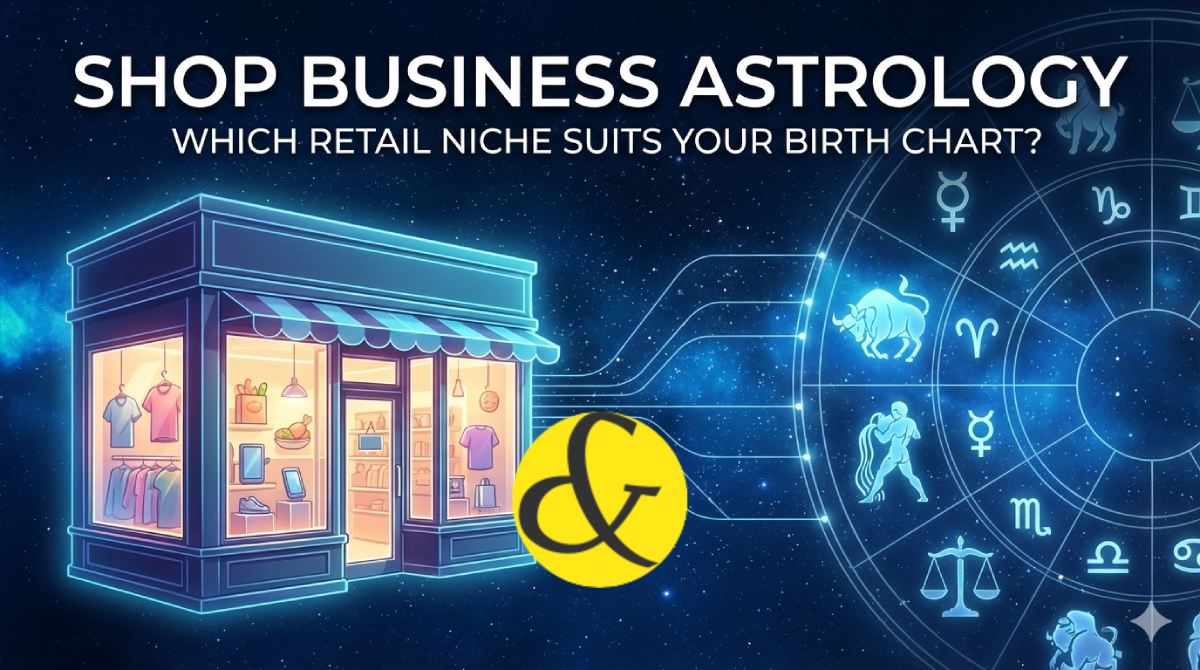 An astrological concept illustration showing a modern storefront with glowing zodiac symbols representing the 7th House and Mercury, symbolizing business luck and daily income.
