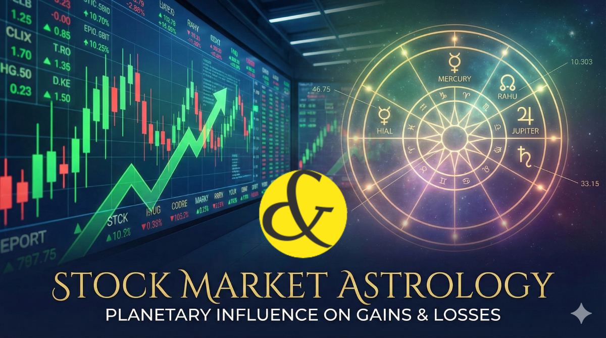 A split image showing a stock market candlestick chart on the left and a Vedic horoscope chart on the right, symbolizing the connection between planetary movements and financial trends.