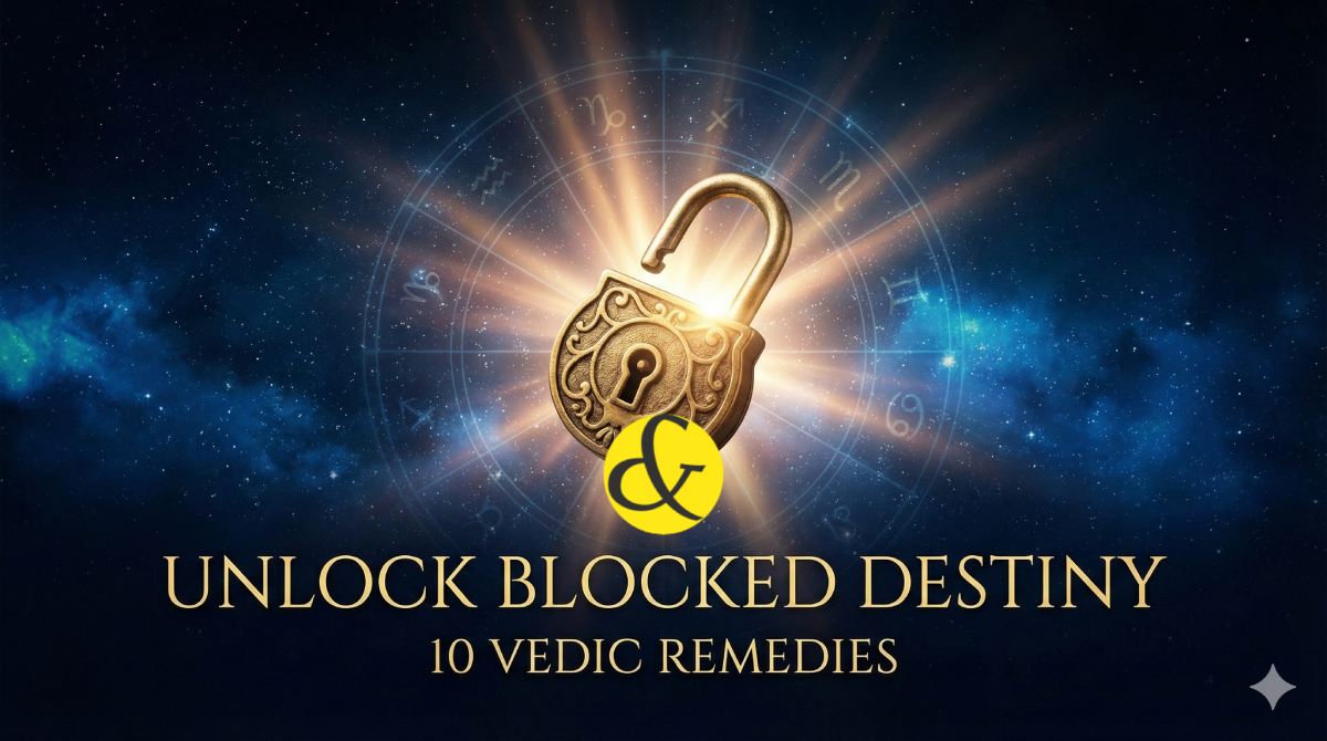 A mystical golden padlock floating in deep cosmic space, half-open and emitting light, symbolizing the unlocking of blocked destiny and success through Vedic remedies.