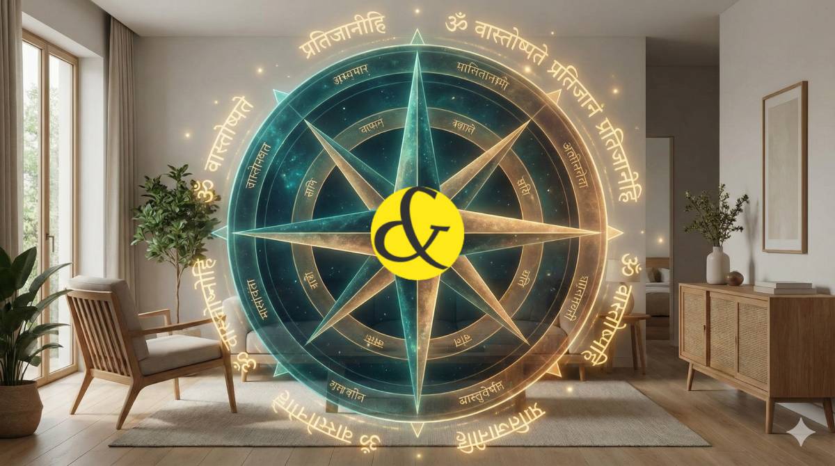 Glowing Vastu compass showing the 8 directions and their ruling planets.