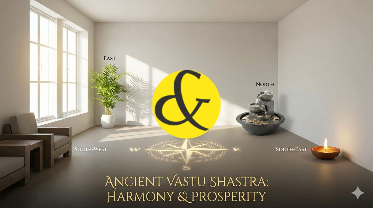 A serene home interior illustrating Vastu principles: a water fountain in the North, a clean prayer space in the North-East, and a safe opening towards the North, symbolized with soft golden light.