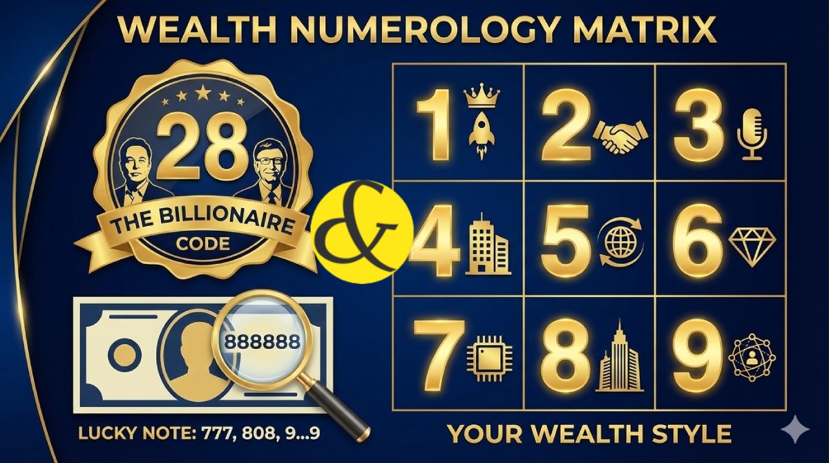 A digital graphic showing a golden "28" surrounded by images of Elon Musk and Bill Gates, with a currency note below displaying the serial number "8888", symbolizing wealth numerology.