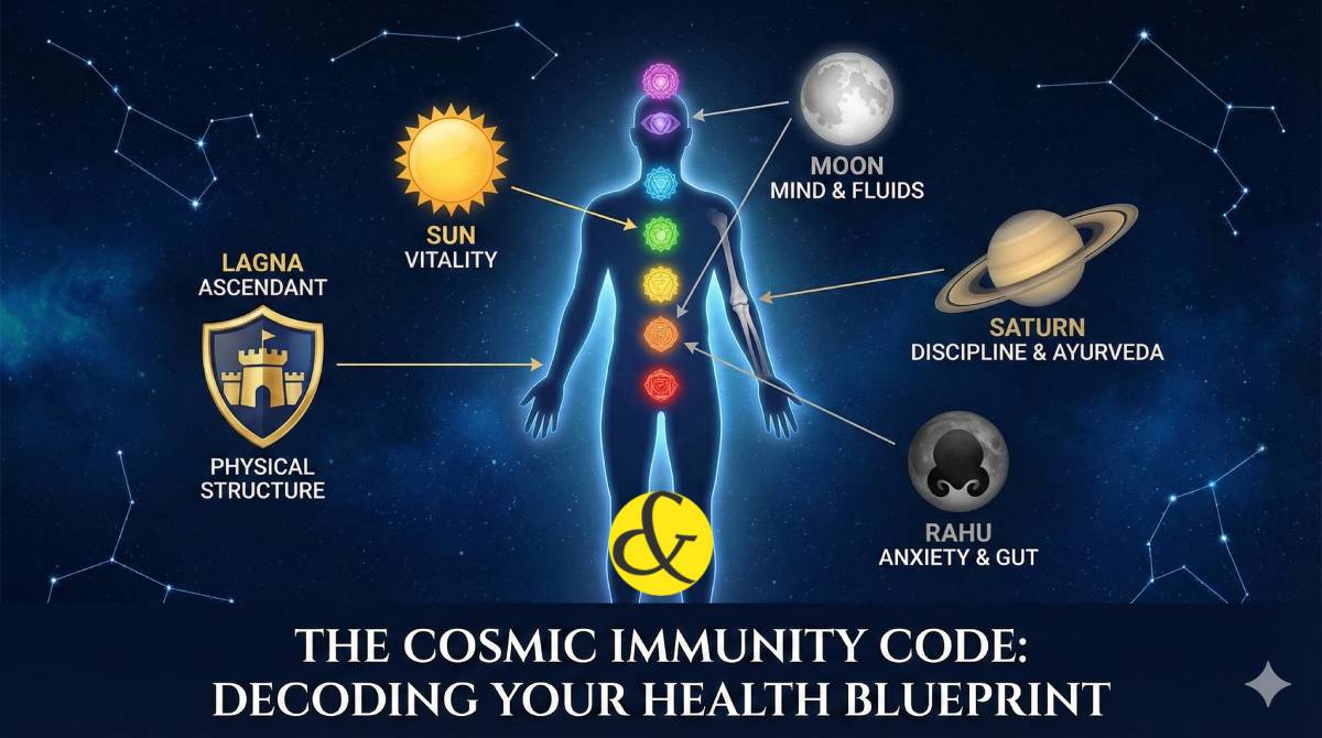 An astrological health chart showing the human body overlay with planetary symbols: Sun (Heart), Moon (Mind/Fluids), and Saturn (Bones/Joints), symbolizing the cosmic blueprint of immunity.