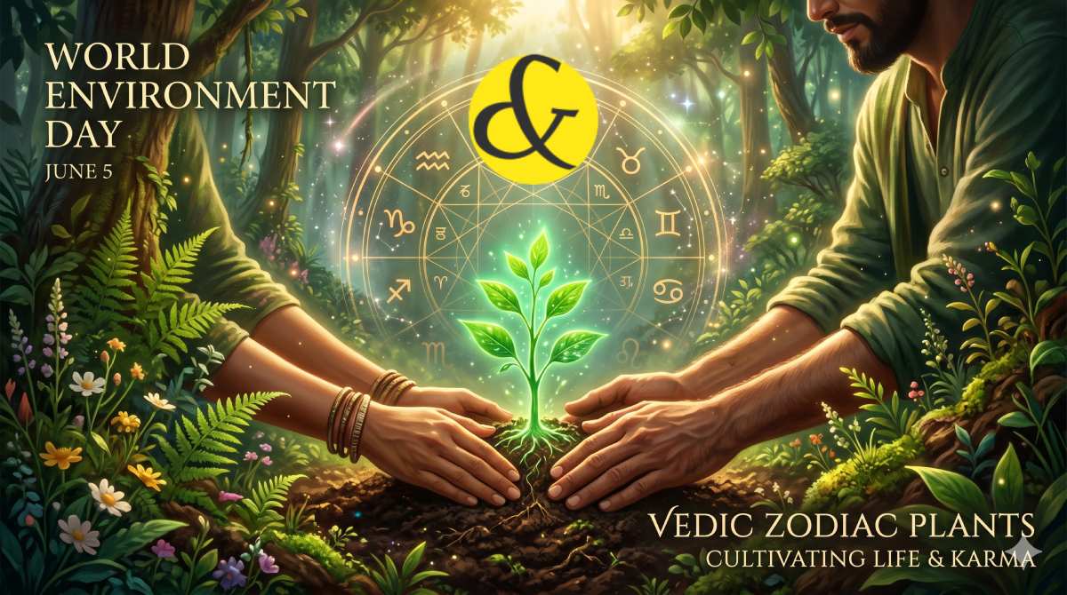 | Hands planting a glowing green sapling with a subtle Vedic |