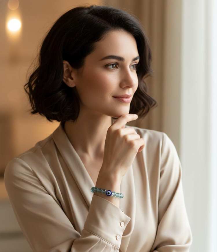 Aquamarine & Evil Eye "Shaant Suraksha" Calm Protection & Communication Bracelet - Gallery Image 2